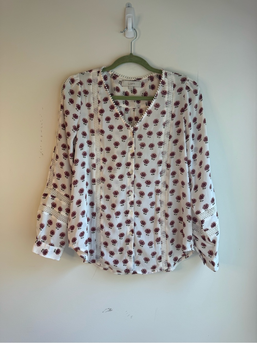 LOFT White Blouse with Burgundy Floral Print and Lace Trim